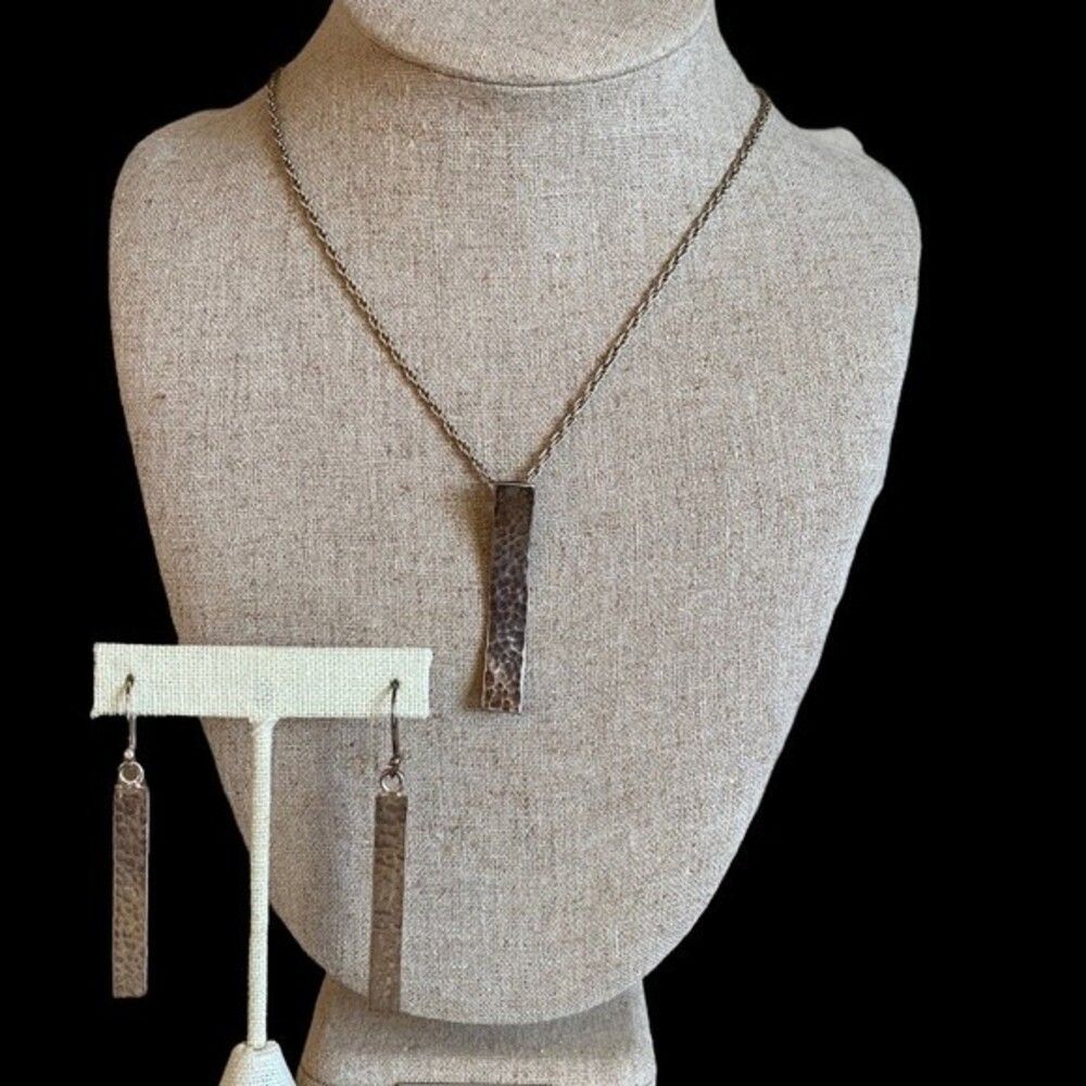 Sterling Hammered Rectangle Pendant Necklace & Dr… - image 8